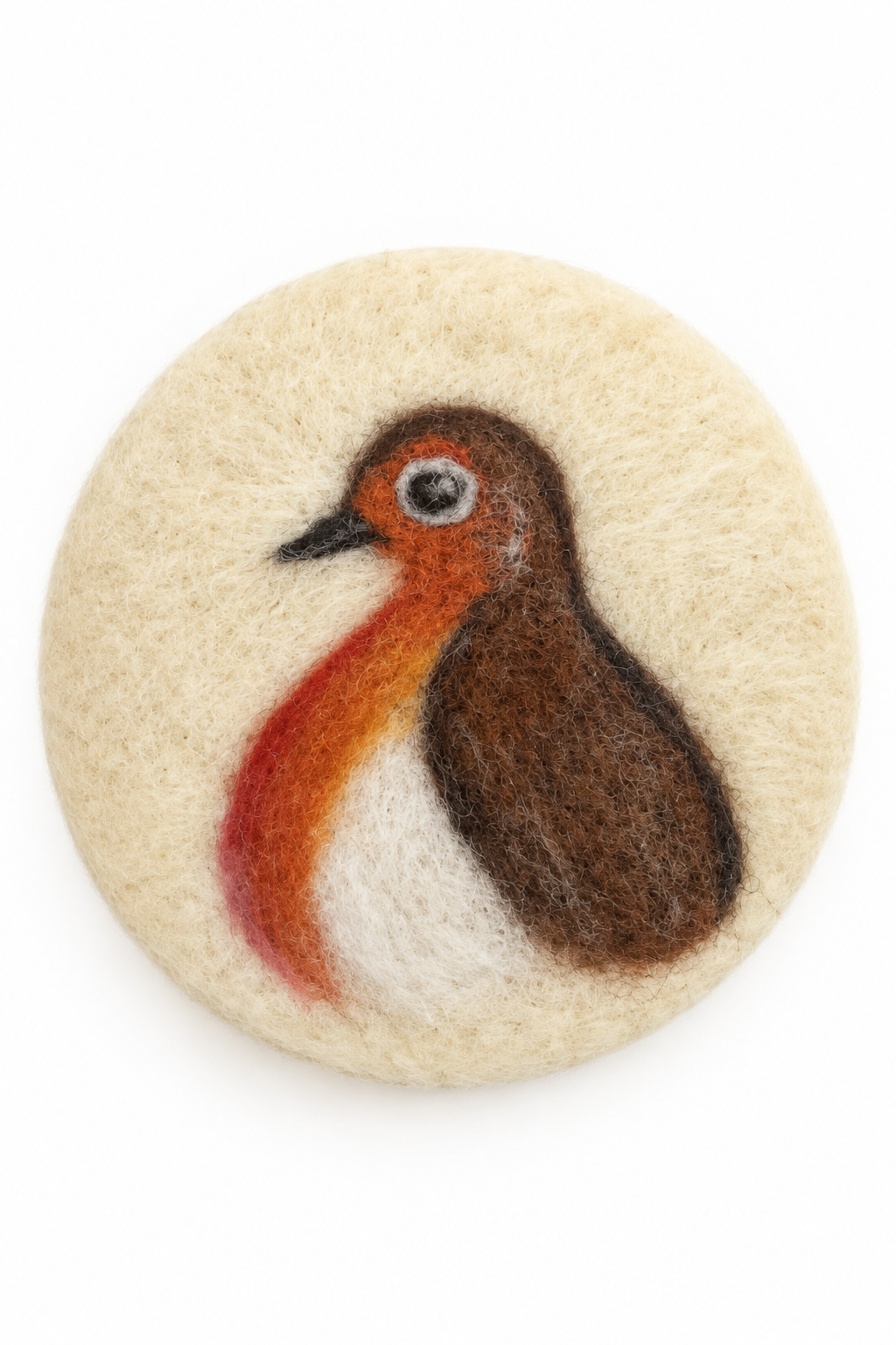 A round felt wool soap shaped like a bird, sealed in a clear plastic bag. The bird has a cream-colored body, a dark brown head, and a red neck.